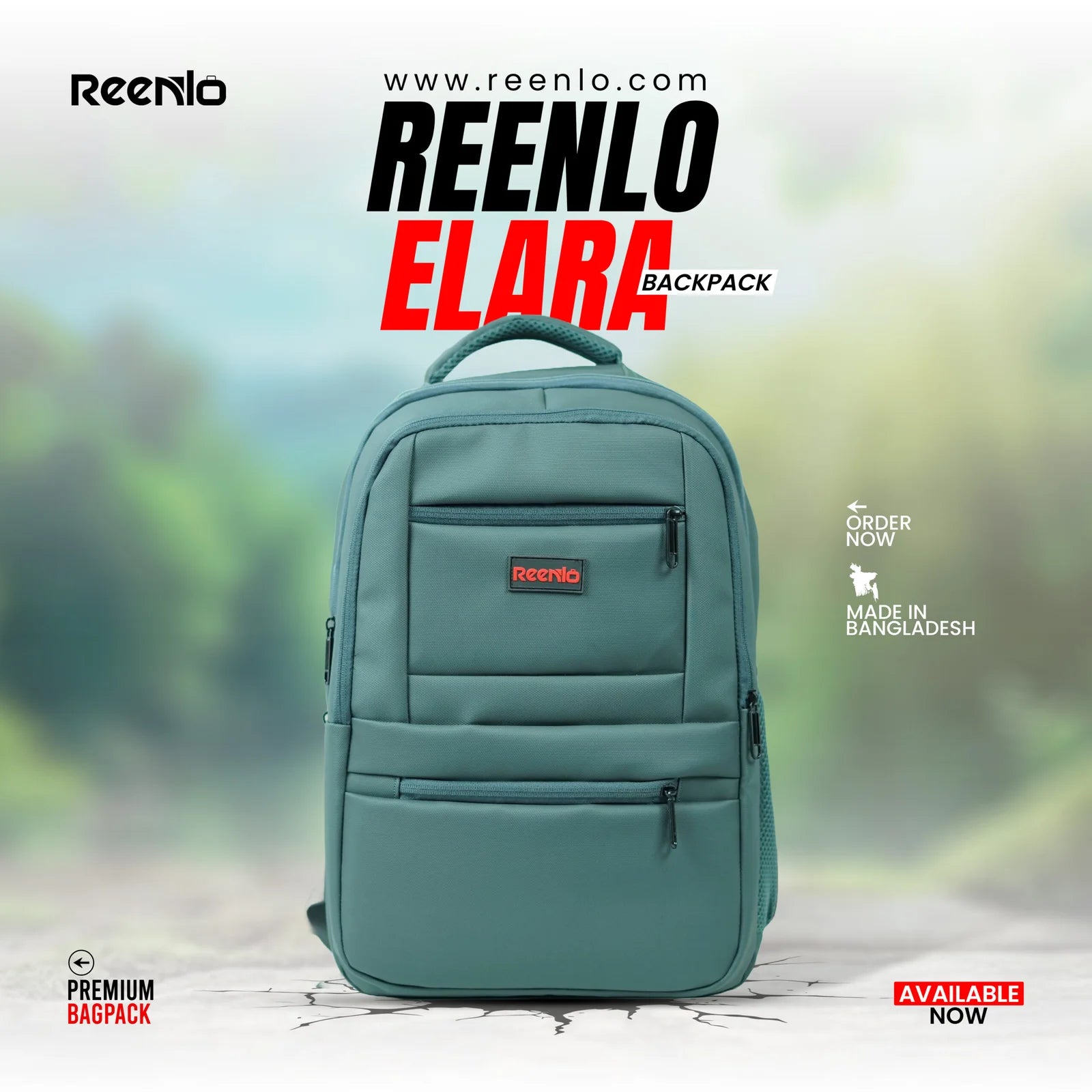 Teal backpack with Reenlo branding on a blurred green background