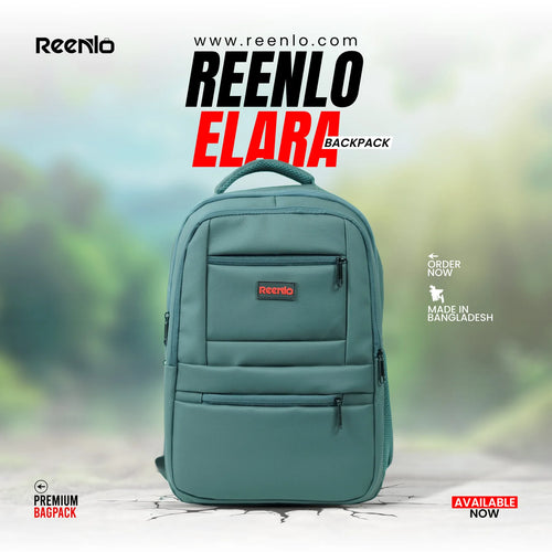 Teal backpack with Reenlo branding on a blurred green background
