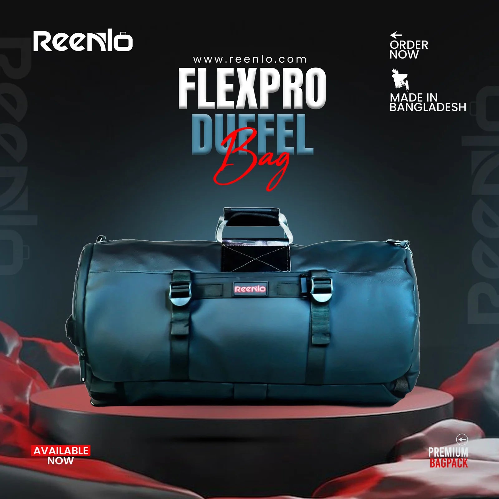 Blue duffel bag with Reenlo branding on a dark background