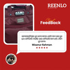 Maroon bag with 'REENLO' branding on a red background, featuring client feedback.