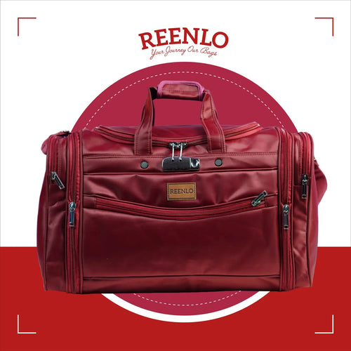 Red travel bag with 'REENLO' branding on a red background