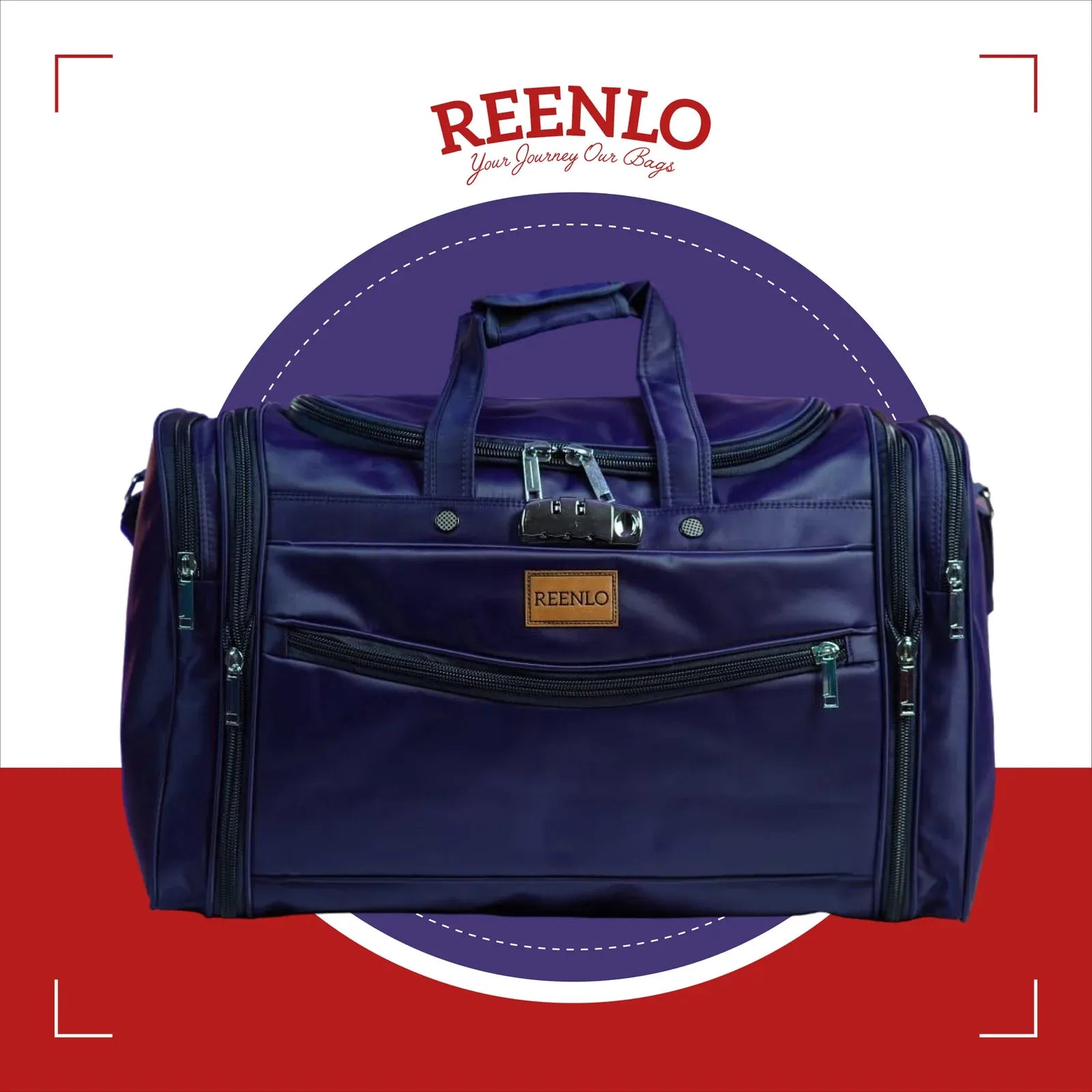 Blue duffel bag with REENLO branding on a red and white background