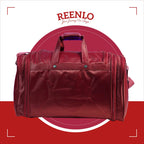 Red duffel bag with 'REENLO' branding on a red background