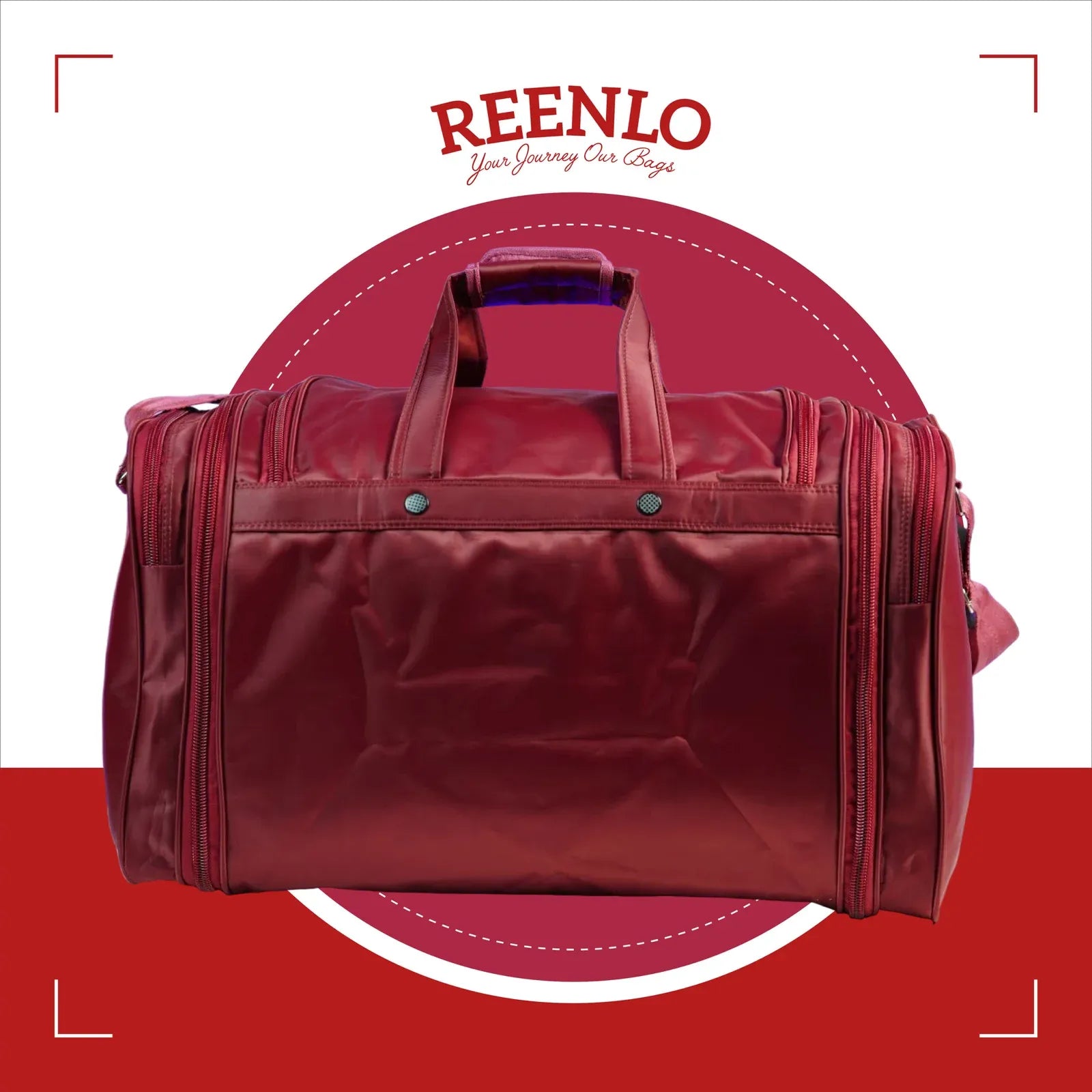Red duffel bag with 'REENLO' branding on a red background