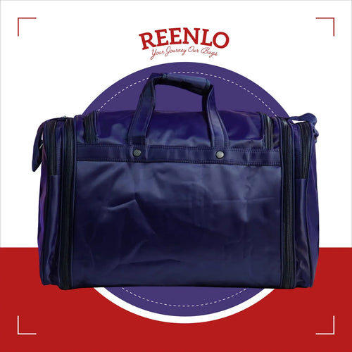 Navy blue bag with black zippers on a red and white background, featuring the Reenlo brand.