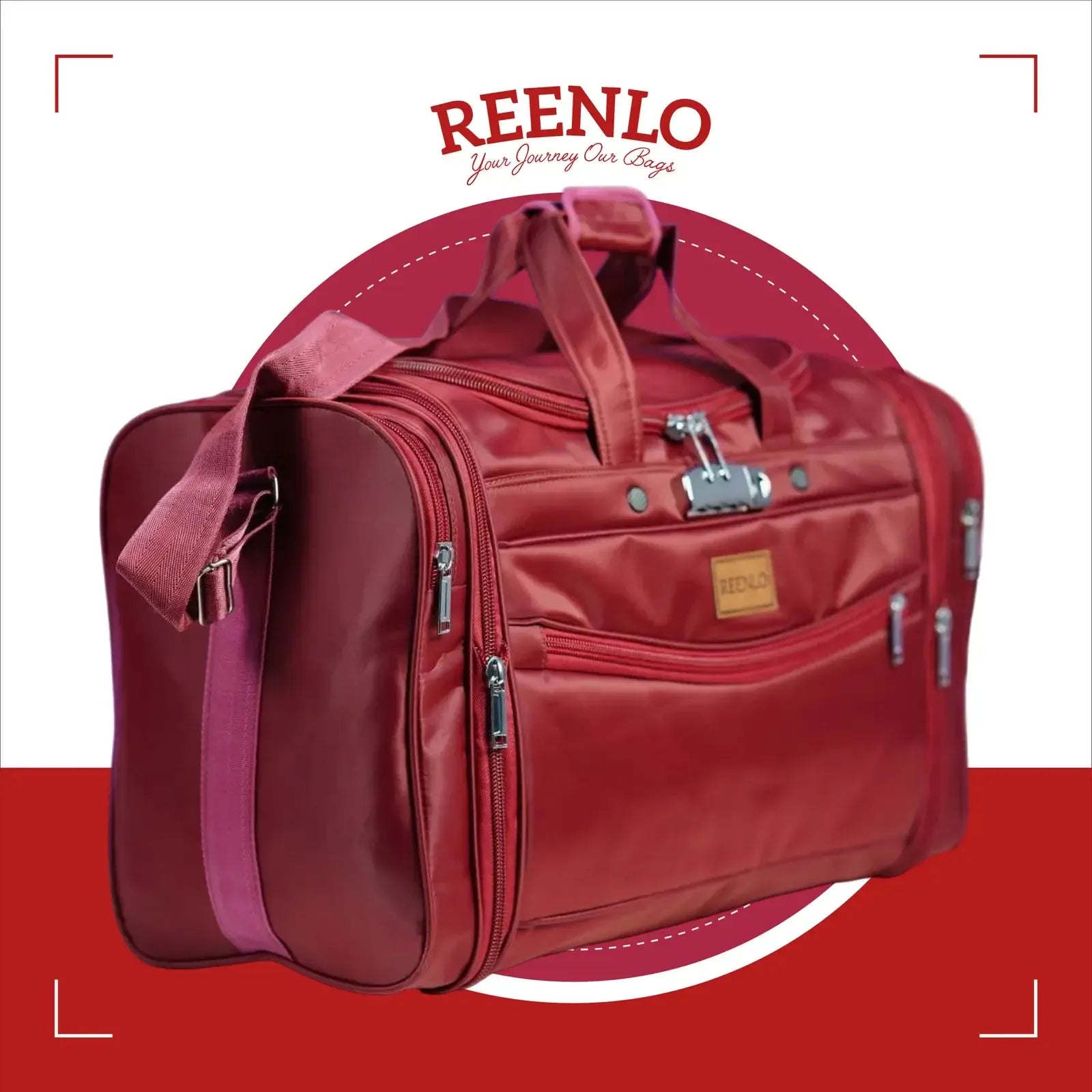 Red travel bag with visible REENLO branding on a red background
