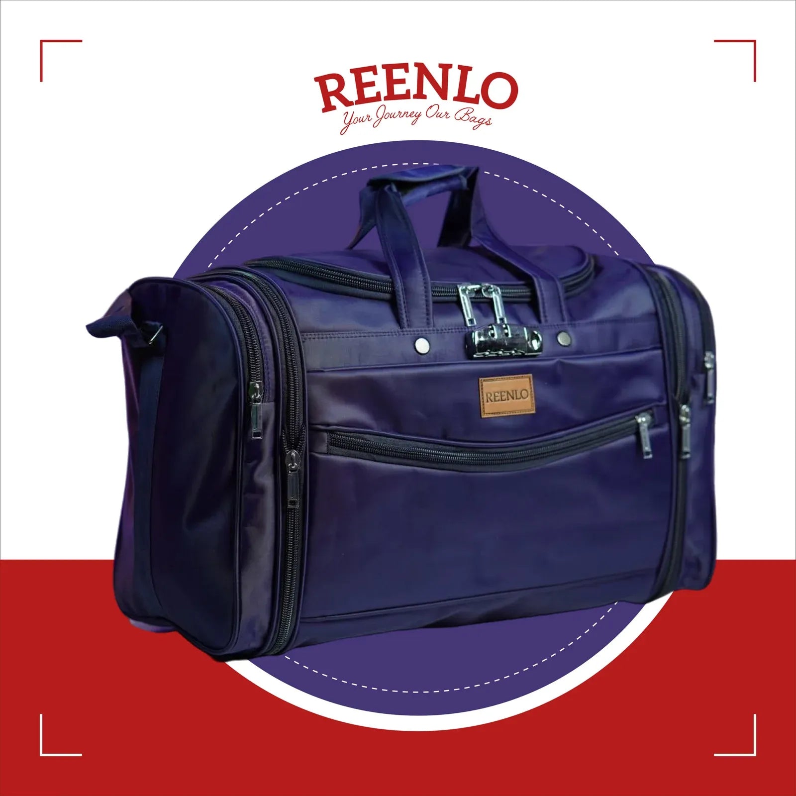 Navy blue duffel bag with REENLO branding on a red and white background
